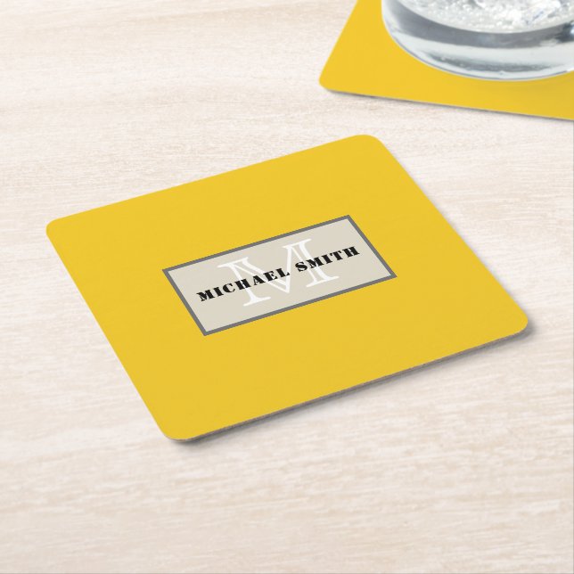 Minimalist Monogram Deep Lemon Background Square Paper Coaster (Angled)