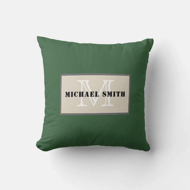 Minimalist Monogram Deep Moss Green Background Throw Pillow (Front)