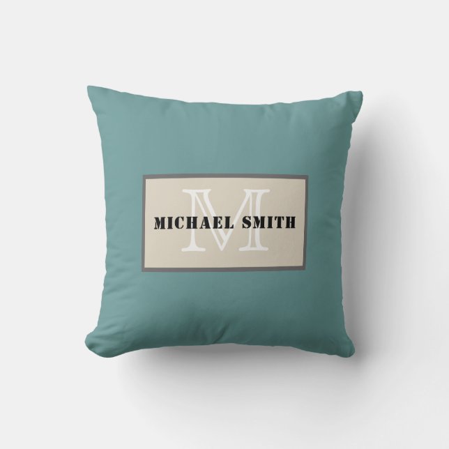 Minimalist Monogram Desaturated Cyan Background Throw Pillow (Front)