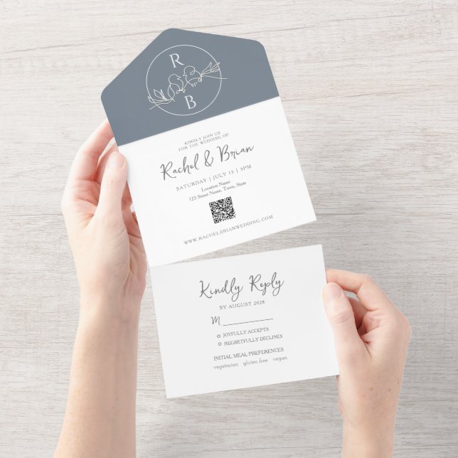 Minimalist Monogram Dusty Blue Wedding All In One Invitation (Tearaway)