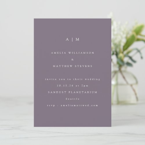 Minimalist Monogram Dusty Purple Modern Wedding Invitation