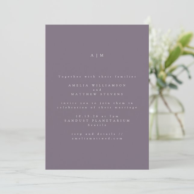 Minimalist Monogram Dusty Purple Simple Wedding Invitation (Standing Front)