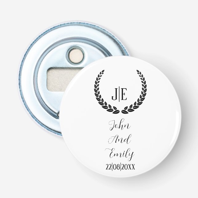 Minimalist monogram elegant black & white wedding  bottle opener (Front)