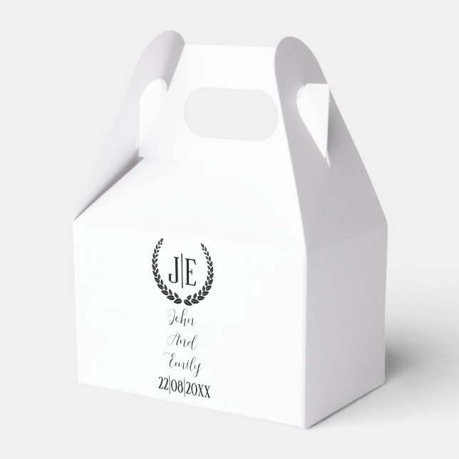Minimalist monogram elegant black & white wedding  favor boxes (Front Side)