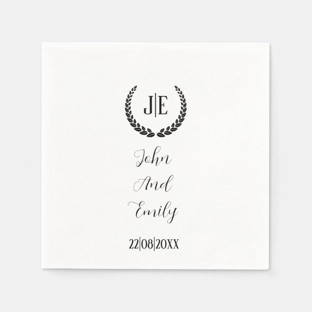 Minimalist monogram elegant black & white wedding  napkins (Front)
