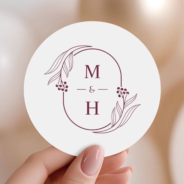 Minimalist Monogram Elegant Burgundy Wedding Favor Classic Round Sticker (Creator Uploaded)