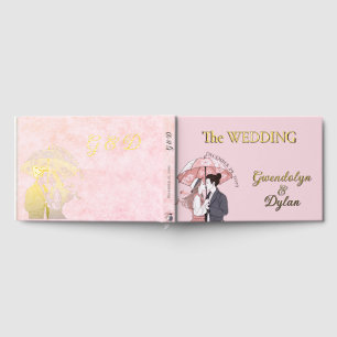 Minimalist monogram elegant pink couple umbrella foil guest book