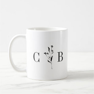 Minimalist Monogram Floral Black White Wedding Coffee Mug