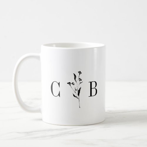 Minimalist Monogram Floral Black White Wedding Coffee Mug