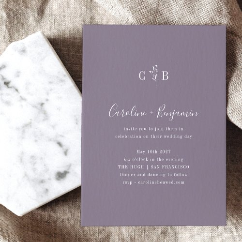 Minimalist Monogram Floral Dusky Purple Wedding Invitation