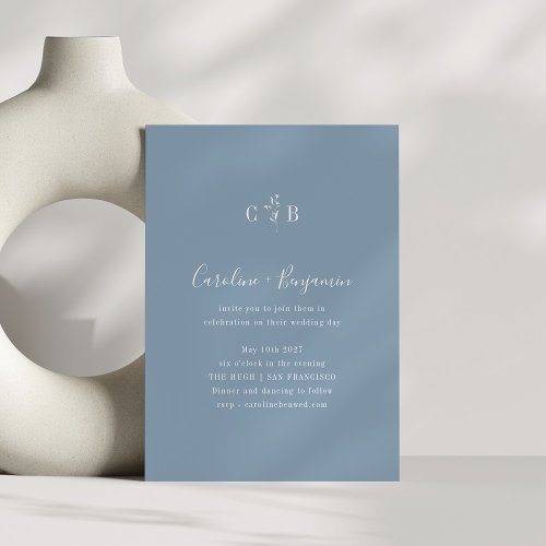 Minimalist Monogram Floral Dusty Blue Wedding Invitation
