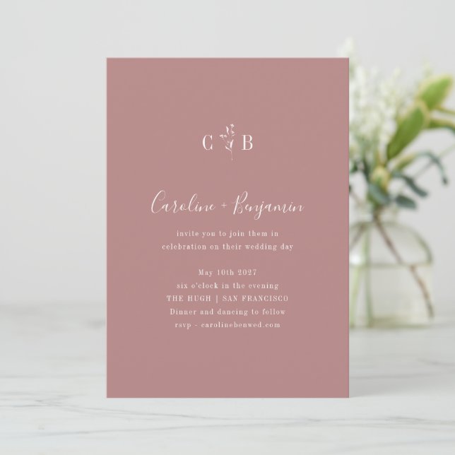 Minimalist Monogram Floral Dusty Rose Wedding Invitation (Standing Front)