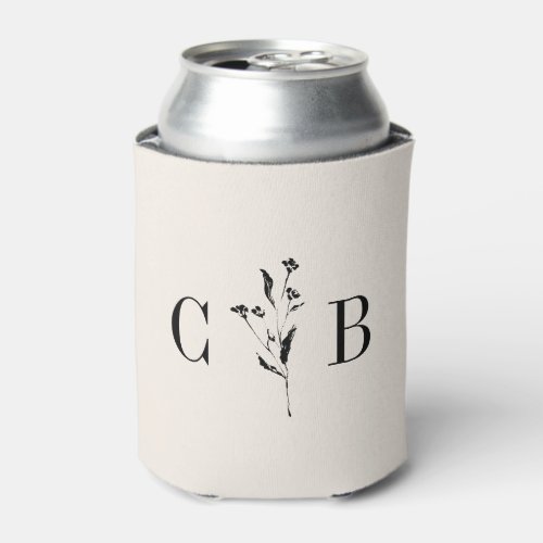 Minimalist Monogram Floral Ivory Cream Wedding Can Cooler