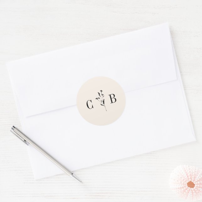 Minimalist Monogram Floral Ivory Cream Wedding Classic Round Sticker (Envelope)