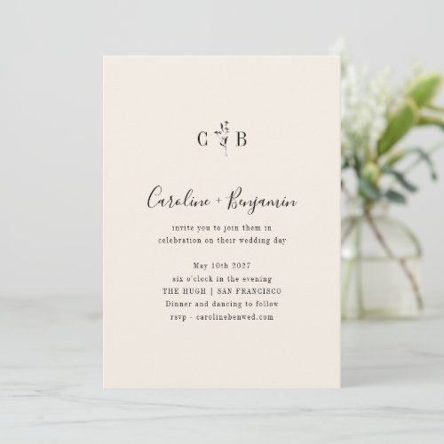 Minimalist Monogram Floral Ivory Cream Wedding Invitation