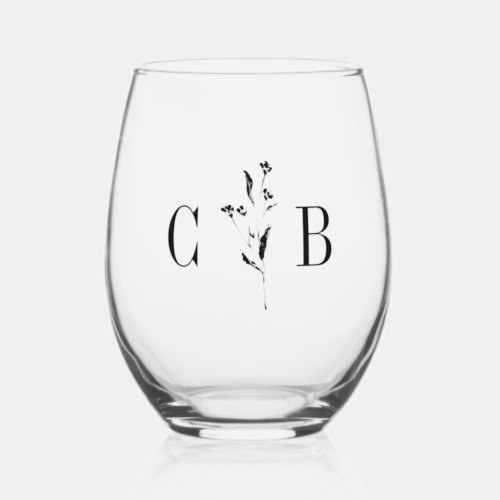 Minimalist Monogram Floral Ivory Cream Wedding Stemless Wine Glass