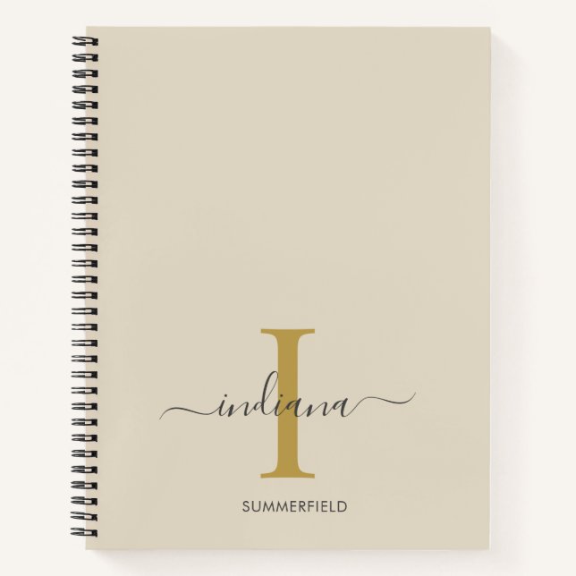 Minimalist Monogram Gold Gray Script Name Notebook (Front)