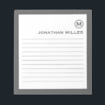 Minimalist Monogram Gray Lined Notepad<br><div class="desc">A modern minimalist lined notepad in gray and white. Custom monogram initial and name on a simple white background,  framed by a gray border. Personalize using the fields provided or use the 'message' button to contact the designer for help.</div>
