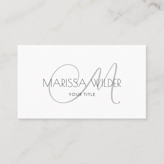 Minimalist Monogram Gray White Script Business Card (Front)