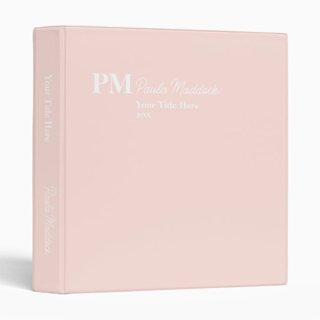 Minimalist Monogram Handwritten Name Blush Pink 3 Ring Binder (Front/Spine)