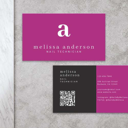 Minimalist Monogram Hot Pink Nail Technician Business Card