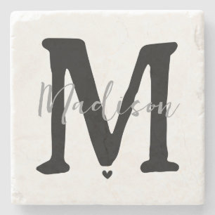 Minimalist Monogram Initial and Name Heart Stone Coaster