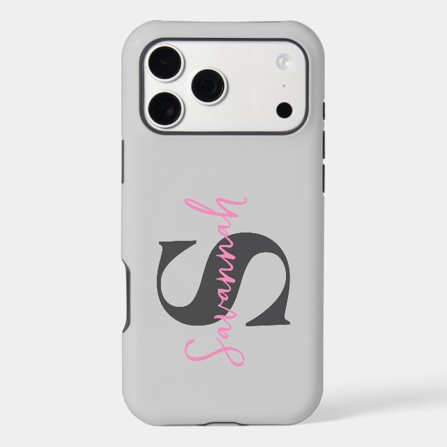 Minimalist Monogram Initial with Pink Script Name Iphone Case (Back)