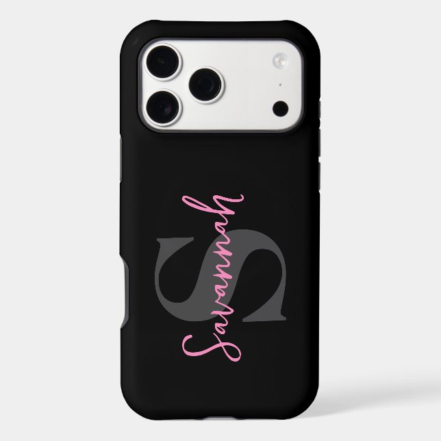 Minimalist Monogram Initial with Pink Script Name Iphone Case (Back)