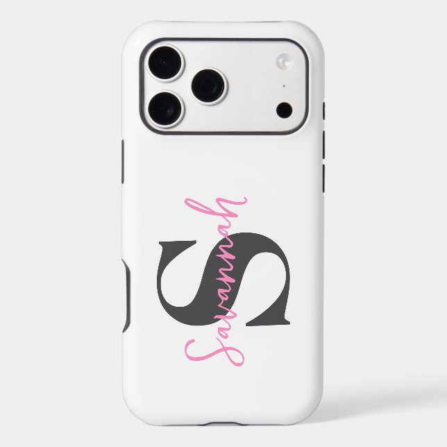 Minimalist Monogram Initial with Pink Script Name Iphone Case (Back)