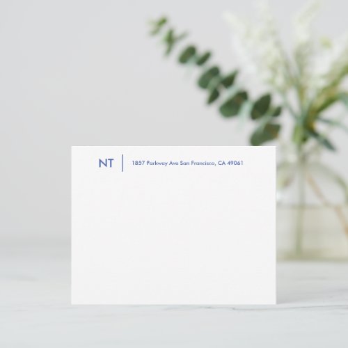 Minimalist Monogram Initials Address Navy Blue Note Card