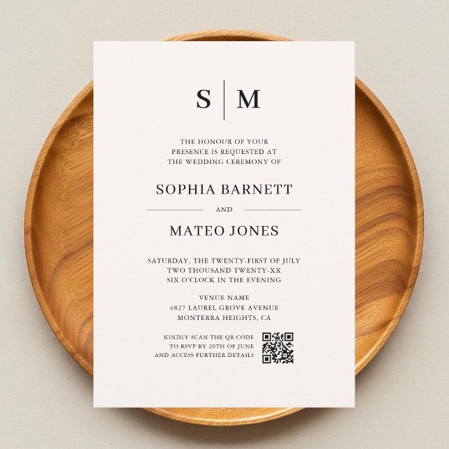 Minimalist Monogram Ivory Photo QR Code Wedding Invitation (Creator Uploaded)