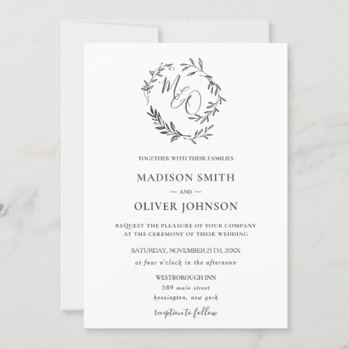 Minimalist Monogram Laurel Wreath Modern Wedding   Invitation