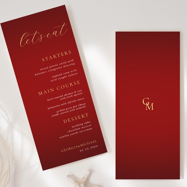 Minimalist Monogram Let's Eat Red & Gold Wedding Menu (Creator Uploaded)