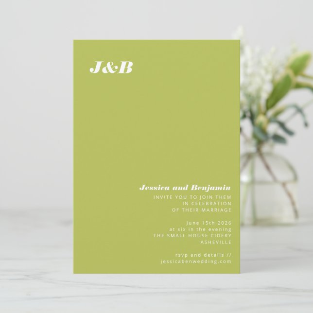 Minimalist Monogram Lime Chartreuse Wedding Invitation (Standing Front)