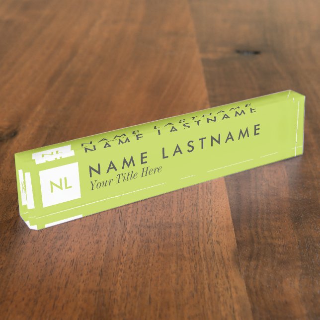 Minimalist Monogram Lime Square Desk Nameplate (Side)
