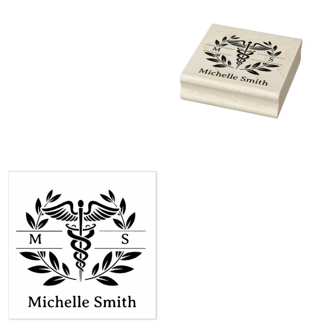 Minimalist Monogram Medical Symbol Doctor Nurse Rubber Stamp (Stamped)