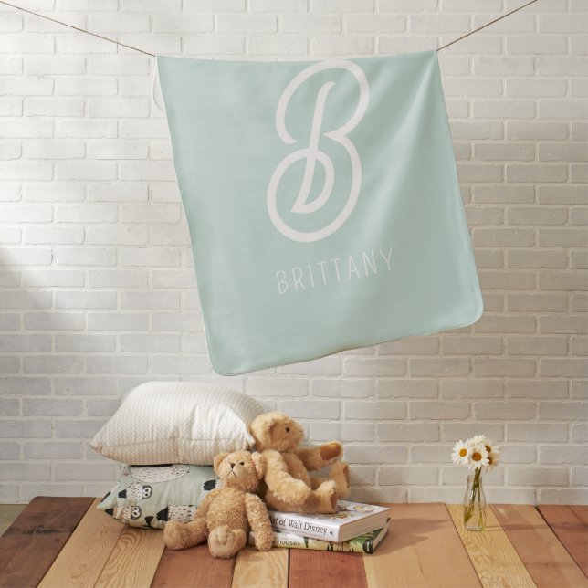 Minimalist Monogram Mint Green Custom Name Baby Blanket (In Situ)