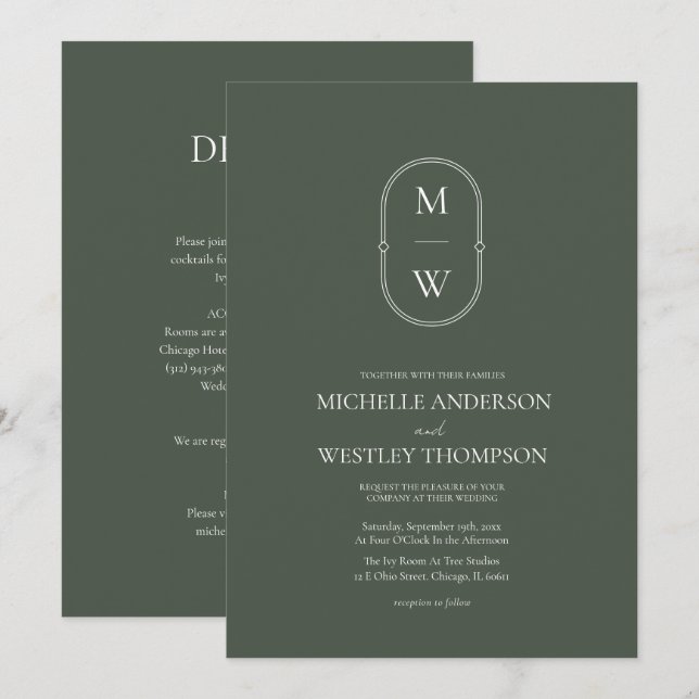 Minimalist Monogram Moss Green All in One Wedding Invitation (Front/Back)