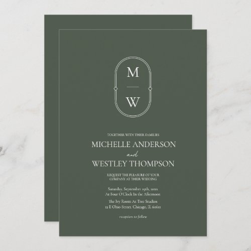 Minimalist Monogram Moss Green All in One Wedding Invitation