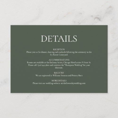 Minimalist Monogram Moss Green Wedding Details Enclosure Card