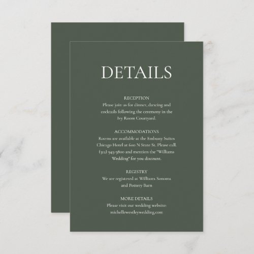 Minimalist Monogram Moss Green Wedding Details Enclosure Card