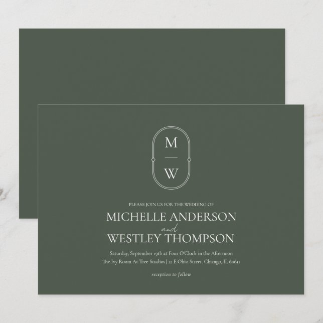 Minimalist Monogram Moss Green Wedding Invitation (Front/Back)
