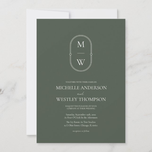 Minimalist Monogram Moss Green Wedding Invitation (Front)