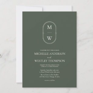 Minimalist Monogram Moss Green Wedding Invitation
