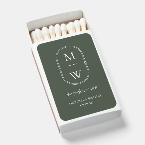 Minimalist Monogram Moss Green Wedding Matchboxes