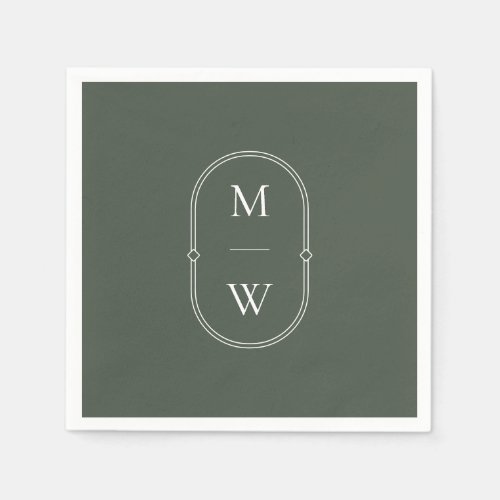 Minimalist Monogram Moss Green Wedding Napkins