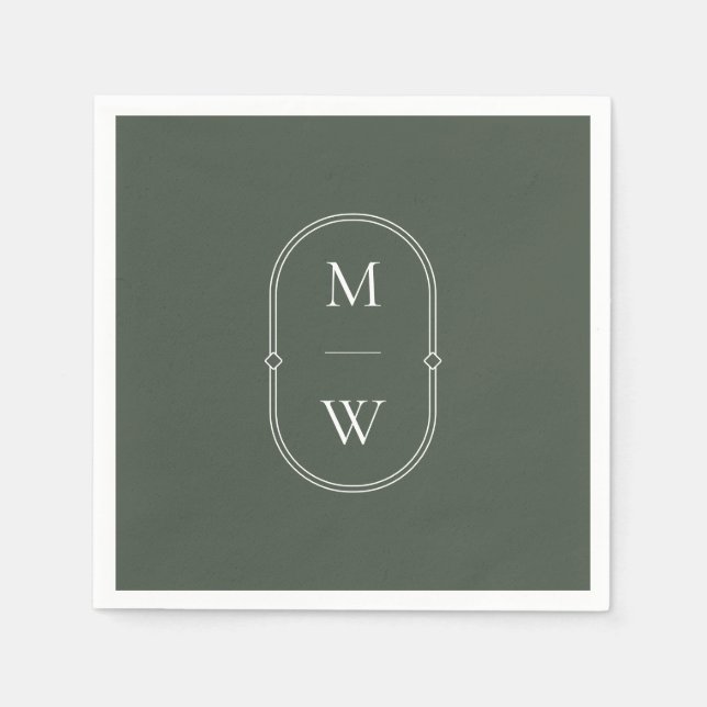 Minimalist Monogram Moss Green Wedding Napkins (Front)
