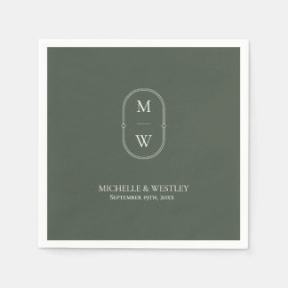 Minimalist Monogram Moss Green Wedding Napkins