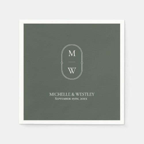 Minimalist Monogram Moss Green Wedding Napkins