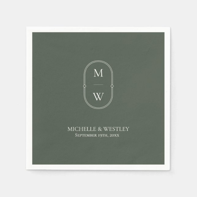 Minimalist Monogram Moss Green Wedding Napkins (Front)